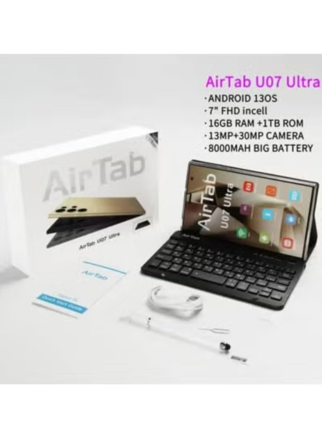 AIR TAB جهاز U07 التابلت الذكي الفائق مع لوحة مفاتيح عربية – شاشة FHD بحجم 7 إنش، 16 جيجابايت RAM، 1 تيرابايت تخزين، بطارية 8000 مللي أمبير – تابلت أندرويد سريع للعمل والدراسة والترفيه – بنفسجي داكن - Image 1
